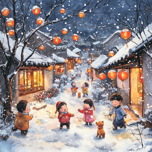 中国孩子在灯笼环绕的乡村小路上玩耍，有雪景，房屋，梅花，小狗，蛇年春节场景，童年回忆