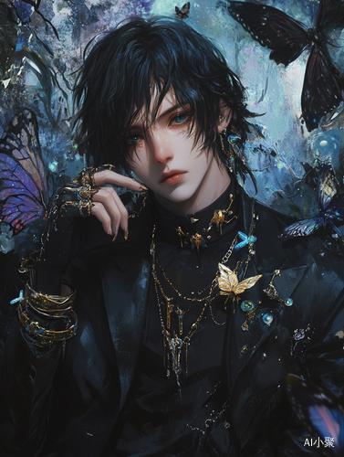 1boy,male focus,butterfly,bug,solo,looking at viewer,black hair,holding,long sleeves,upper body,skeleton,aqua eyes,A young man with dark hair and a serious expression on his face.,he is wearing a black suit with gold accents and has multiple bracelets and rings around his neck. the background is filled with various objects that appear to be made up of different shapes and colors. the overall mood of the image is dark and mysterious.,