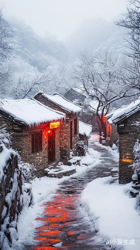 中国雪乡中的红灯泥墙房屋与石路径