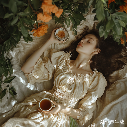 深秋树下的茶桌与春天女性的晨光静谧