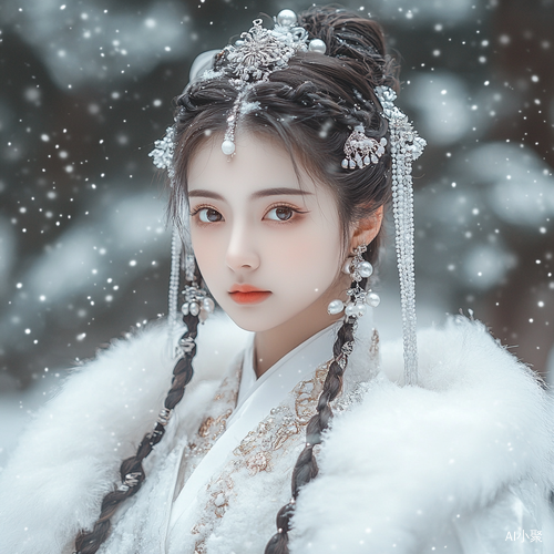 A beautiful woman wearing a white hanfu and a cape with embroidered fur, with two braids on her head, was filmed in the snow outdoors. She wore silver earrings and a necklace adorned with pearl ornaments, wearing them on her ears and neck, and had a delicate make-up look. In the background is the ancient temple surrounded by pines covered with thick ice crystals. This photo shows high-definition photography, professional color grading, soft light, high resolution, ultra-fine section and cinematic feeling.