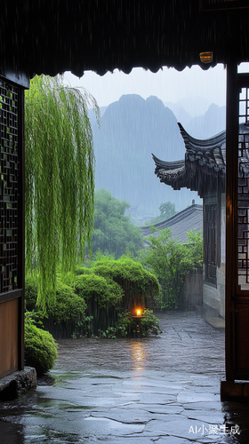  淡墨晕染般的江南烟雨里，山水庭院隐匿其中。远处山峦如黛，在雨雾中缥缈朦胧。庭院依傍着潺潺溪流，溪水漫过圆润的石头，溅起晶莹水花。青石板路蜿蜒至古色木门前，门扉半掩，似在静静诉说往昔岁月。庭院中，几株垂柳依依，细长柳枝在风雨中轻舞，拂过雕花窗棂，屋内烛火摇曳，映出一片暖黄光晕