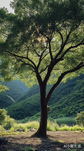 一棵茂盛绿油油的大树生长在肥沃的土地里，景色宜人，阳光正好，写实，精致。