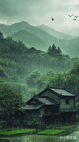 雨天 孤独的房屋场景 绿色主题 治愈系