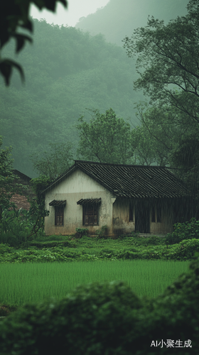 雨天 孤独的房屋场景 绿色主题 治愈系