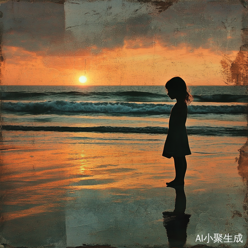 海边日出少女的背影