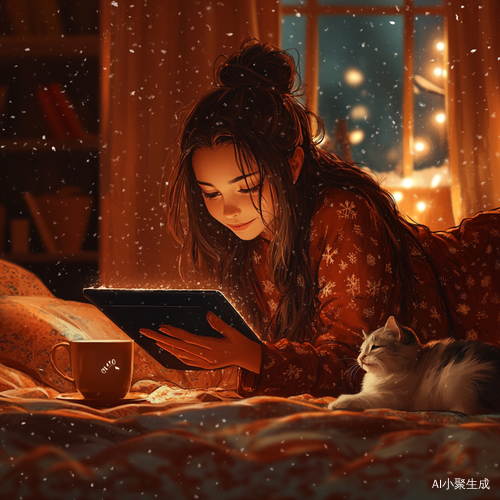 雪夜温馨时光长发女孩与小猫的卧室场景