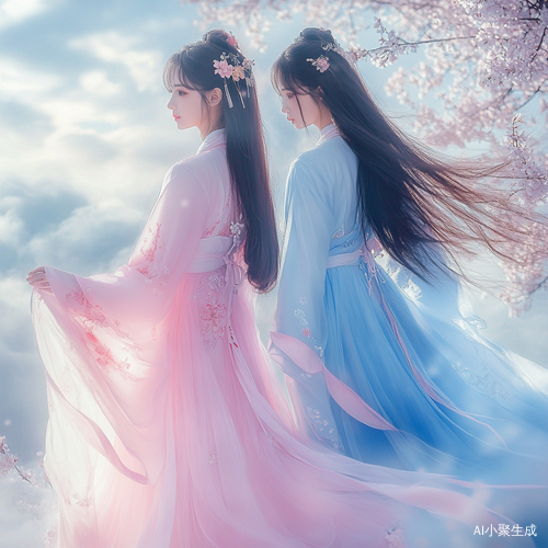 古风主题两个女孩背面汉服对比