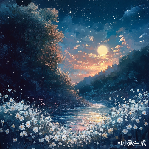 绚烂花海与明月星河交辉的山林景色