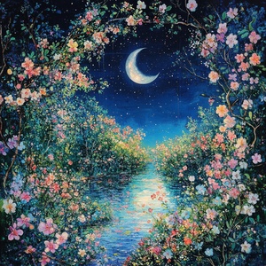 绚烂花海与明月星河交辉的山林景色