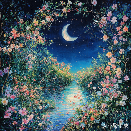 绚烂花海与明月星河交辉的山林景色