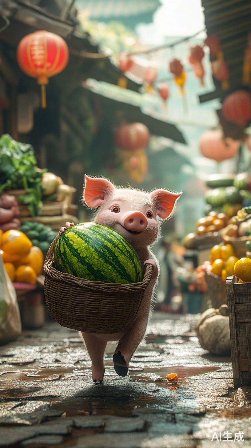 可爱小猪肩扛东瓜在中国菜市场疯狂跑路