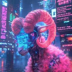 赛博朋克未来都市中的半机械电子羊艺术创作