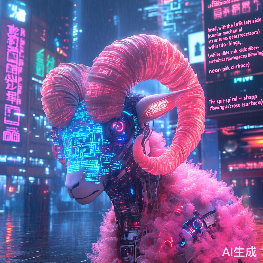 赛博朋克未来都市中的半机械电子羊艺术创作