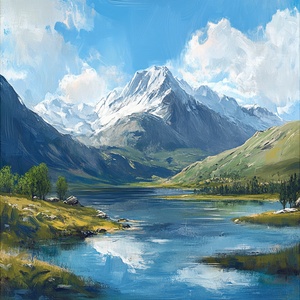 风和日丽的山川湖泊画作