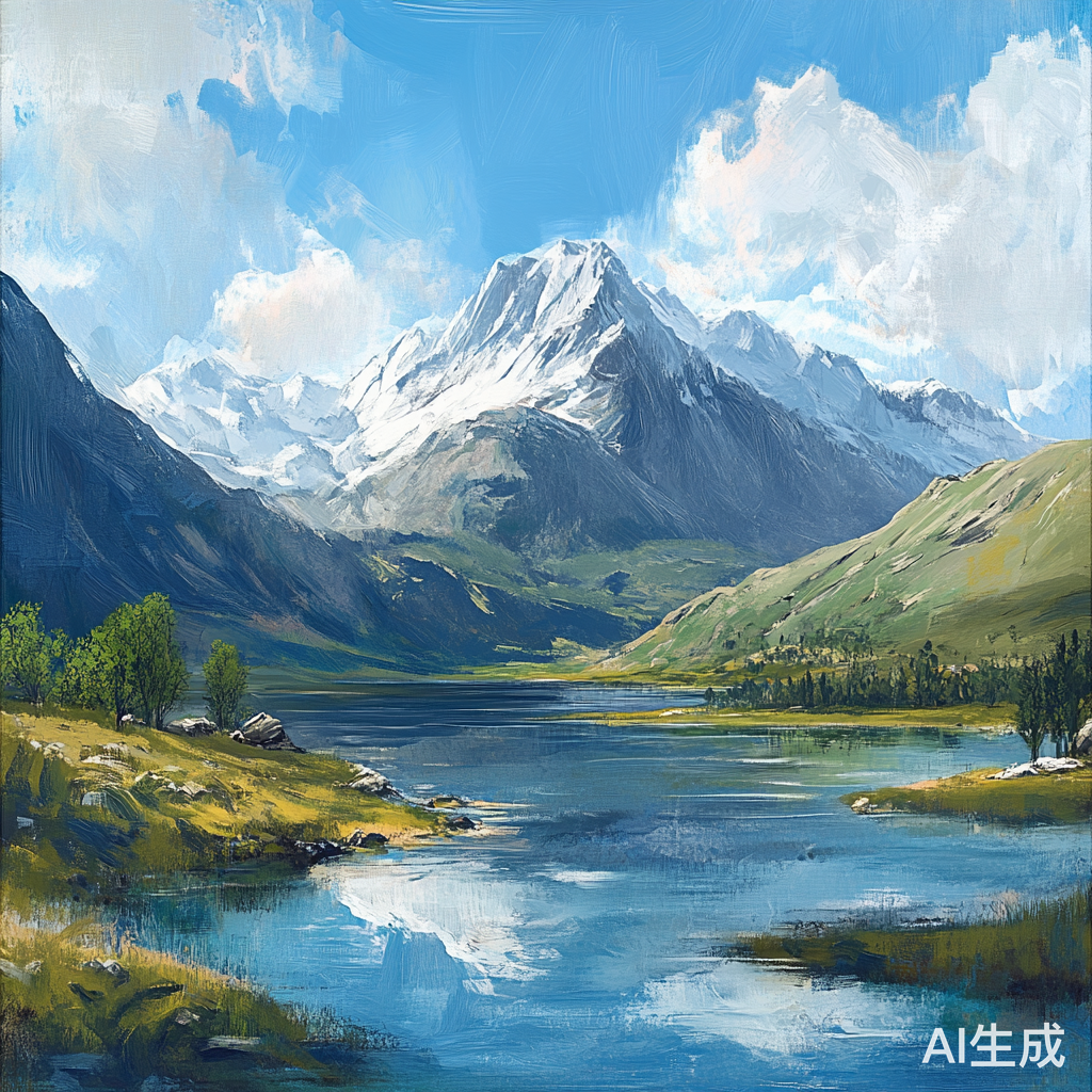 风和日丽的山川湖泊画作