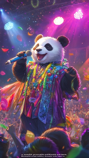 五彩绚丽舞台上的快乐熊猫展现魅力