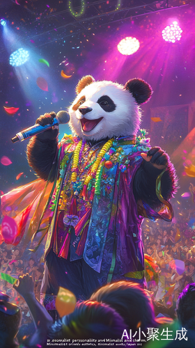 五彩绚丽舞台上的快乐熊猫展现魅力