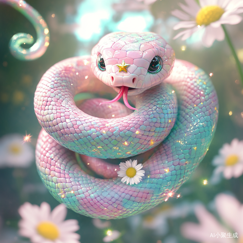 `A chubby baby snake coiled in a heart shape, sticking out tiny forked tongue, sparkling star-shaped eyes, pastel pink and mint gradient scales, surrounded by floating daisies, soft spotlighting, 2D flat illustration, 4K HD, Blender style rendering v 5 ar 1:1`