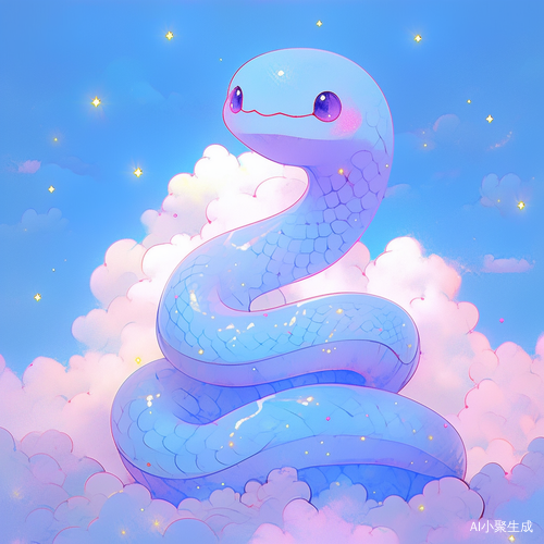 Tiny snake with droopy eyes and quivering lower lip, tear bubbles floating around head, tail knotted clumsily, sitting on a cloud, lavender and sky blue color scheme, faint glow effect, children's book illustration style niji 5 ar 1:1`