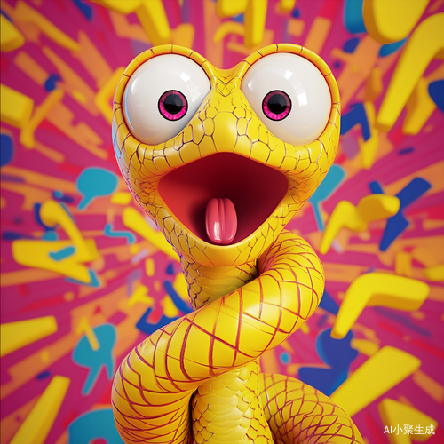 Cartoon snake with puffed-up body forming zigzag shape, oversized circular eyes with white highlights, scales standing on end in shock, background exploding with colorful exclamation marks, cel-shaded animation style, vibrant colors s 750 ar 1:1`