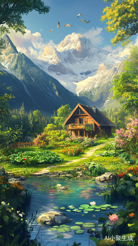 山谷中的小屋与果树鱼塘的恬静生活
