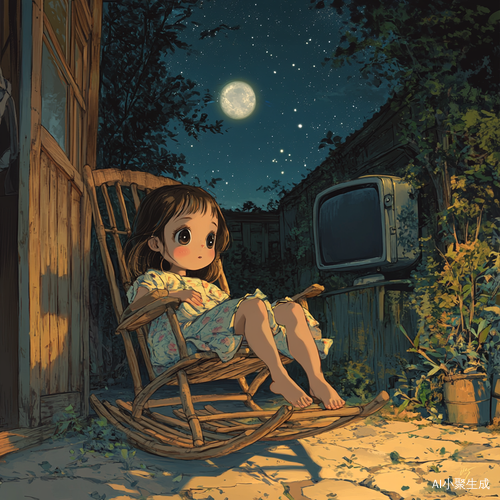 女孩在星空下的宁静庭院里享受童年时光
