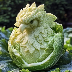鲜嫩白菜雕刻栩栩如生凤凰背景田园风光