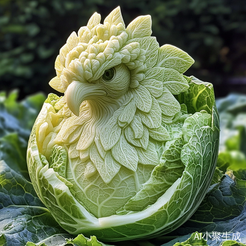 鲜嫩白菜雕刻栩栩如生凤凰背景田园风光