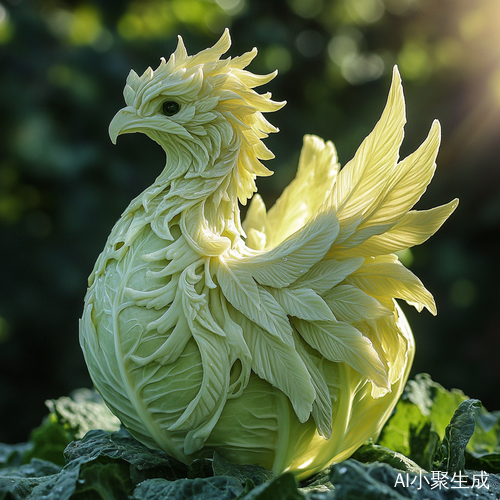 鲜嫩白菜雕刻栩栩如生凤凰生机田园风光