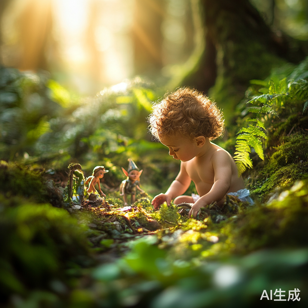 1岁混血男宝宝与精灵们在森林中探索