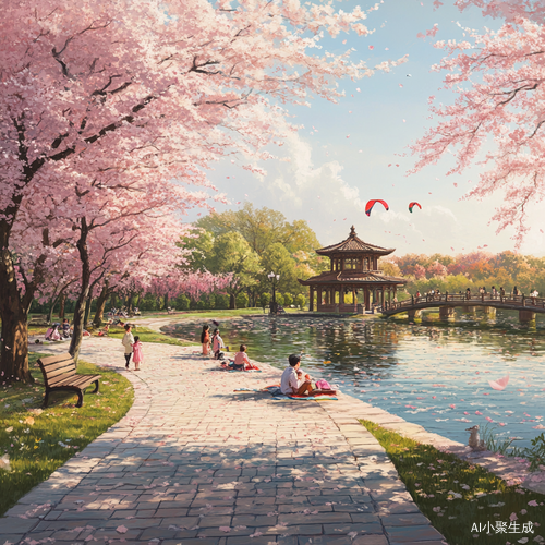 初春公园美景樱花湖泊与快乐家庭夏日野餐