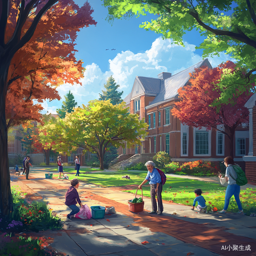美丽校园里的老奶奶和快乐学生