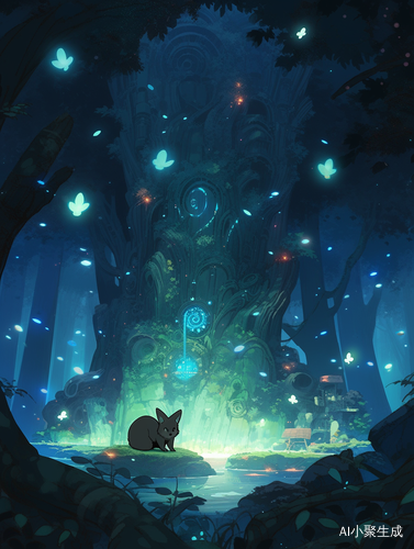 mystical tree hollow with bioluminescent moss,raccoon friend pointing with twinkling eyes,swirling blue light beams,woodland creatures peeking from ferns,enchanting atmosphere ar 3:4