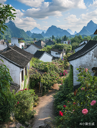 中国乡村鸟瞰图远山蓝天白云与花海美景