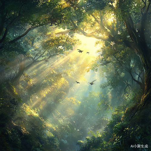 神秘而美丽的森林,有一片树林,五彩斑斓的阳光,俯视的视角,有几只小鸟在树上面的天空飞