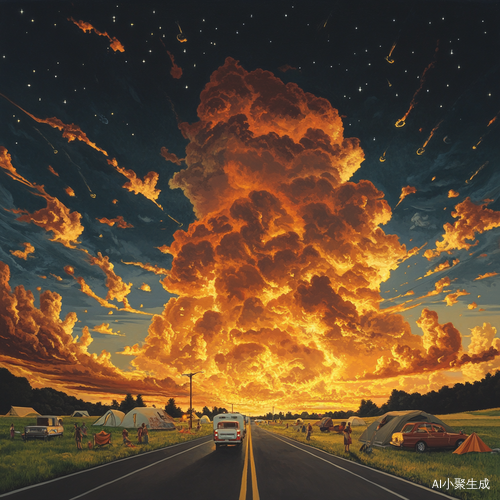 驾车在路上,天空是火烧云,公路两边是草坪,人们在草坪上露营