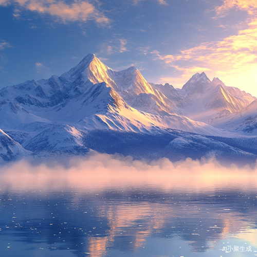 晨光中的巍峨雪山与镜面湖泊的壮丽景色