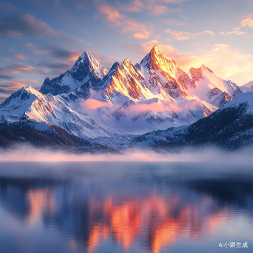 晨光中的巍峨雪山与镜面湖泊的壮丽景色