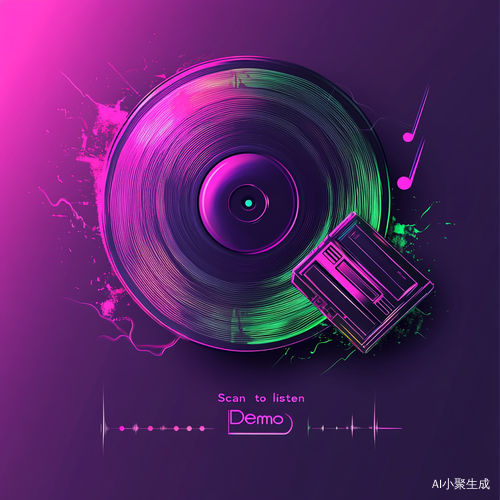 核心元素: 🎵 图案:复古黑胶唱片+磁带+爆炸式对话框 🎨 配色:霓虹紫+荧光绿渐变(动感音乐氛围) 📝 文字排版: - 标题用锯齿状字体,模仿声波震动 - 副标题加小音符图标,底部留白贴“扫码听Demo”虚线框
