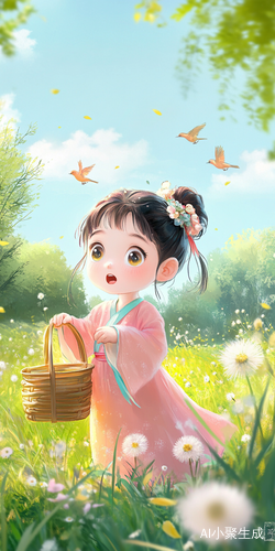 主体:穿粉色交领汉服的小女孩(身高1.2米,圆脸杏眼,双髻系浅蓝发带),右手提着竹编小篮,踮脚仰望天空。表情惊喜微张嘴巴场景:嫩绿草地上点缀黄色蒲公英,空中三只黄鹂鸟振翅飞过,远处可见刚发芽的柳树林风格:春日清新色调,花瓣飘落特效,浅蓝色渐变天空中国古代卡通,明亮的色彩,3d皮克斯风格