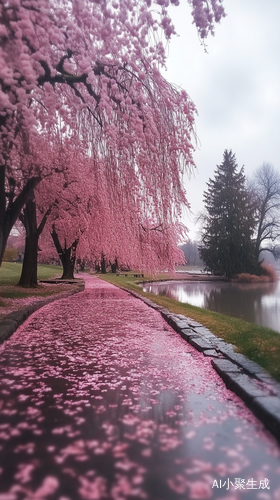 湖边粉色垂枝樱花与落花石板路水景