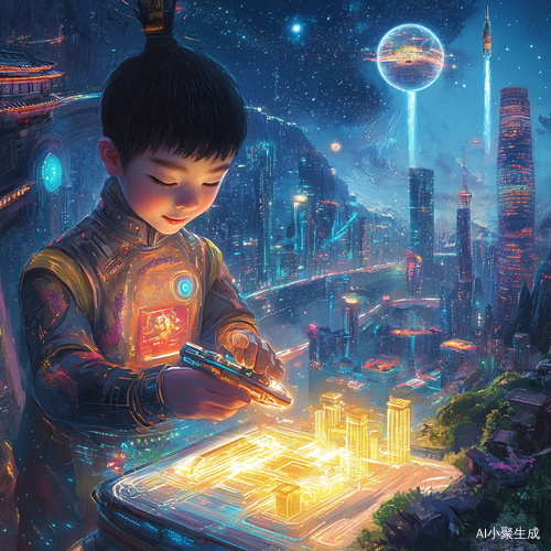 主题画面：A Chinese child with sparkling eyes wearing a neon-lit futuristic jumpsuit, holding a glowing 3D printing pen that draws a floating holographic city. Beside the child stands a friendly robot assembling a miniature spaceship. Ancient Chinese architecture like the Great Wall merges with skyscrapers covered in solar panels and vertical gardens. In the background, a high-speed train passes through a glowing tunnel, while rockets launch into a starry sky filled with constellations and planets. Vibrant color