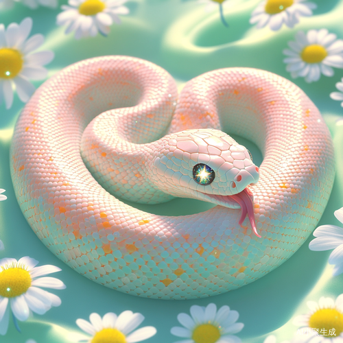 `A chubby baby snake coiled in a heart shape, sticking out tiny forked tongue, sparkling star-shaped eyes, pastel pink and mint gradient scales, surrounded by floating daisies, soft spotlighting, 2D flat illustration, 4K HD, Blender style rendering v 5 ar 1:1`