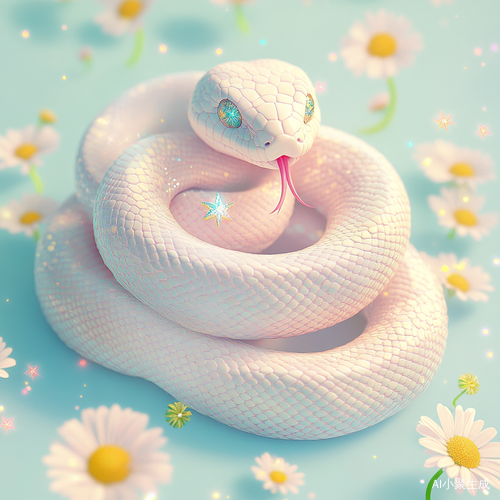 `A chubby baby snake coiled in a heart shape, sticking out tiny forked tongue, sparkling star-shaped eyes, pastel pink and mint gradient scales, surrounded by floating daisies, soft spotlighting, 2D flat illustration, 4K HD, Blender style rendering v 5 ar 1:1`