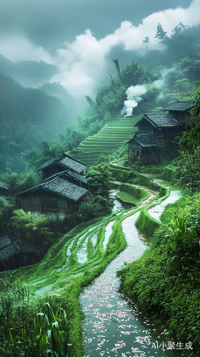 层叠水稻田泛起千万雨点涟漪，青瓦农舍升起袅袅炊烟，沟渠水流潺潺带落花瓣，柔焦镜头营造诗意氛围，远处竹林在风雨中摇曳，电影级光影渲染