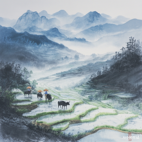 梯田细雨与农耕的诗意画卷