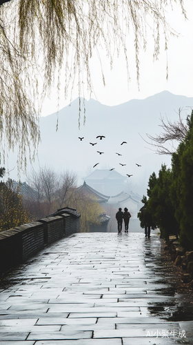 清明烟雨青石板路远山烟雾中垂柳轻摇