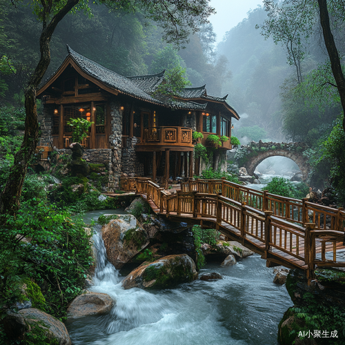 山森林里的小木屋与流水人家