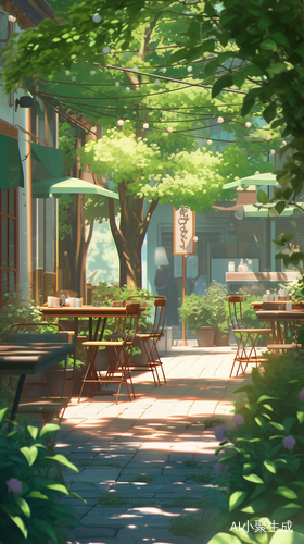 夏季阳光下的咖啡店动漫美学氛围